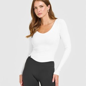 Mellow™ Rib V Neck Mid Long Sleeve Top White