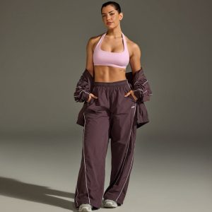 Oversized Piped Woven Straight Leg Track Bottoms Deep Umber Brown